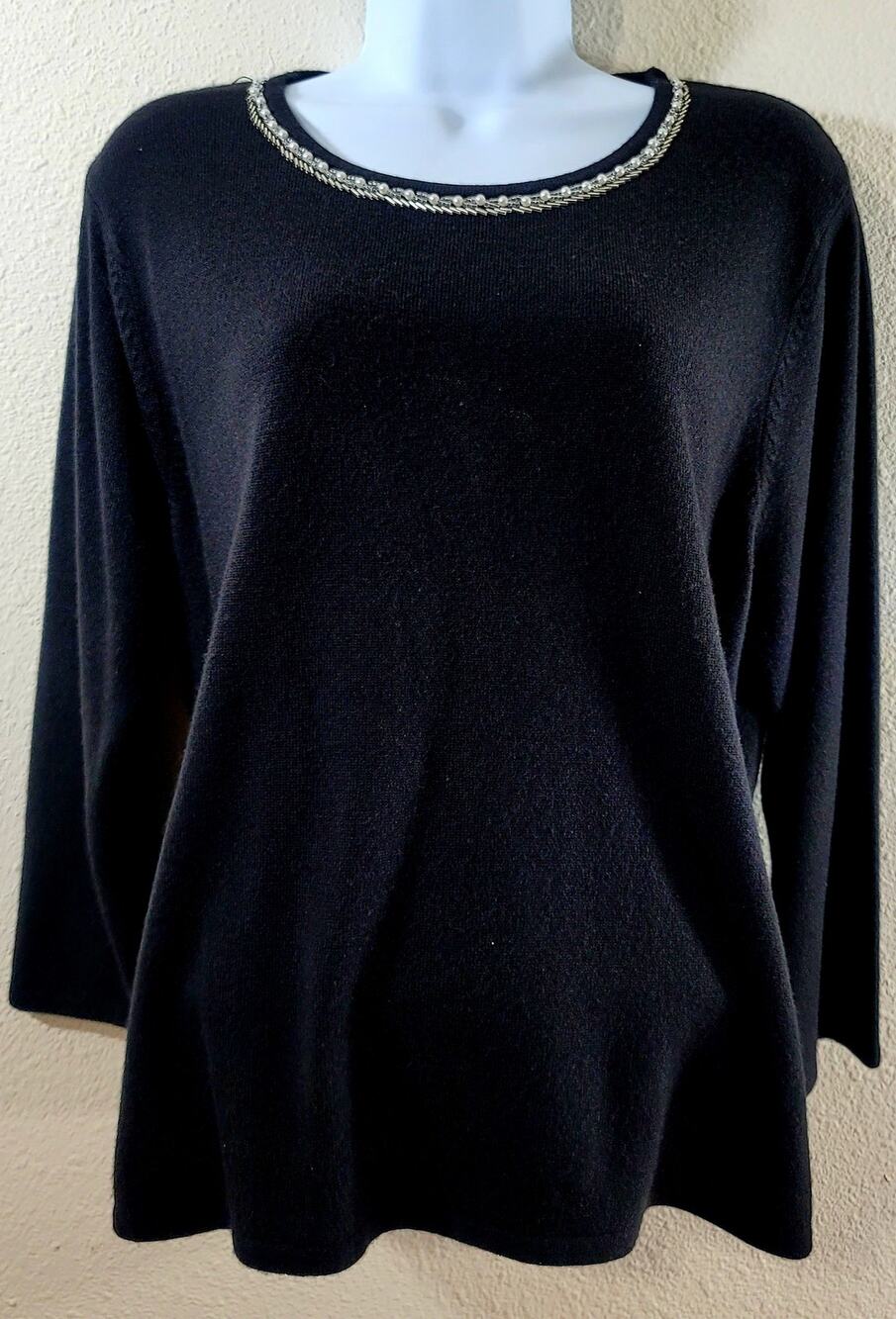 Sag Harbor Black Bead Sequin Round Neck Sweater Top Large Lightweight Soft Knit